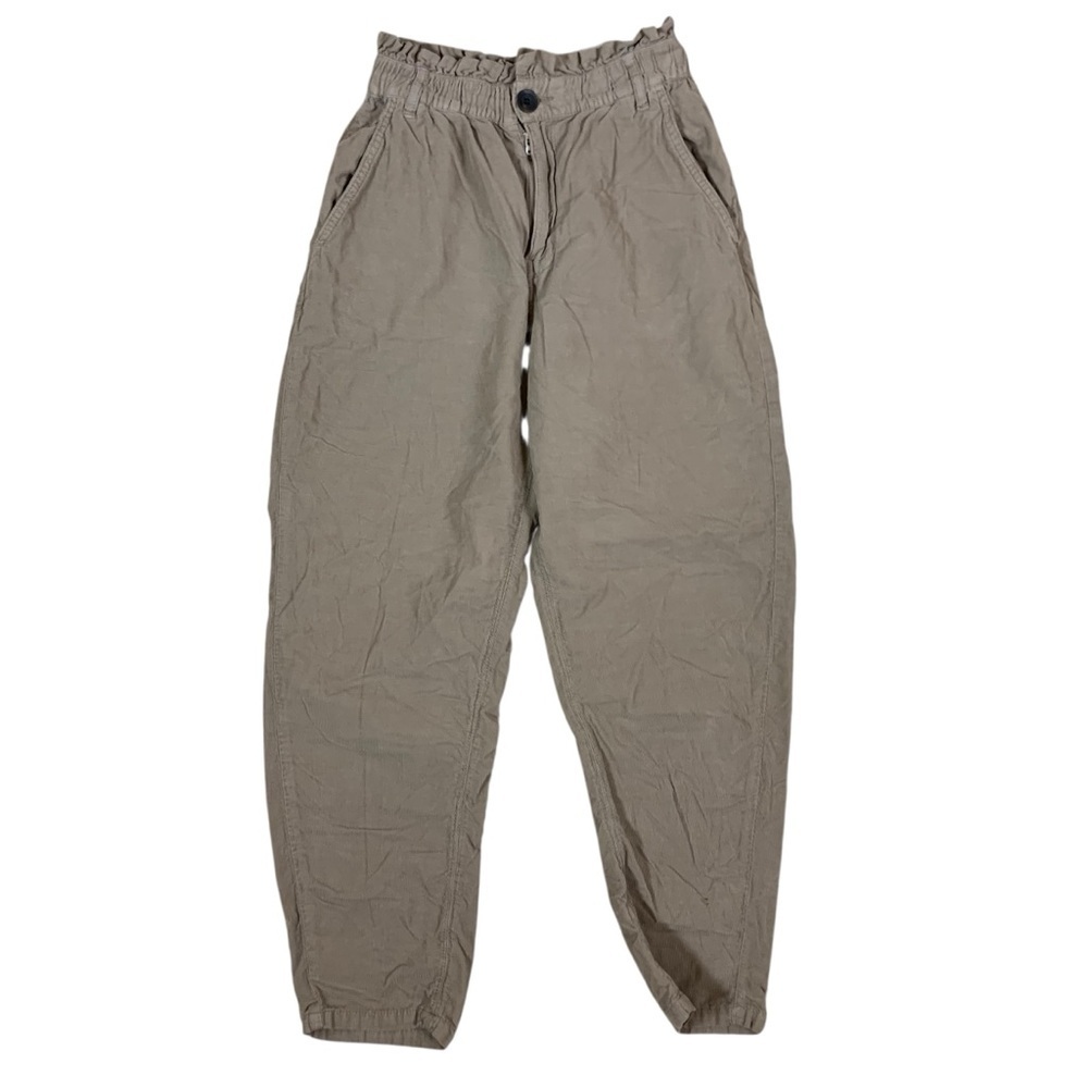 Zara High Rise Paperbag Waist Jogger Pants Khaki Casual Tapered 4 Corduroy Women